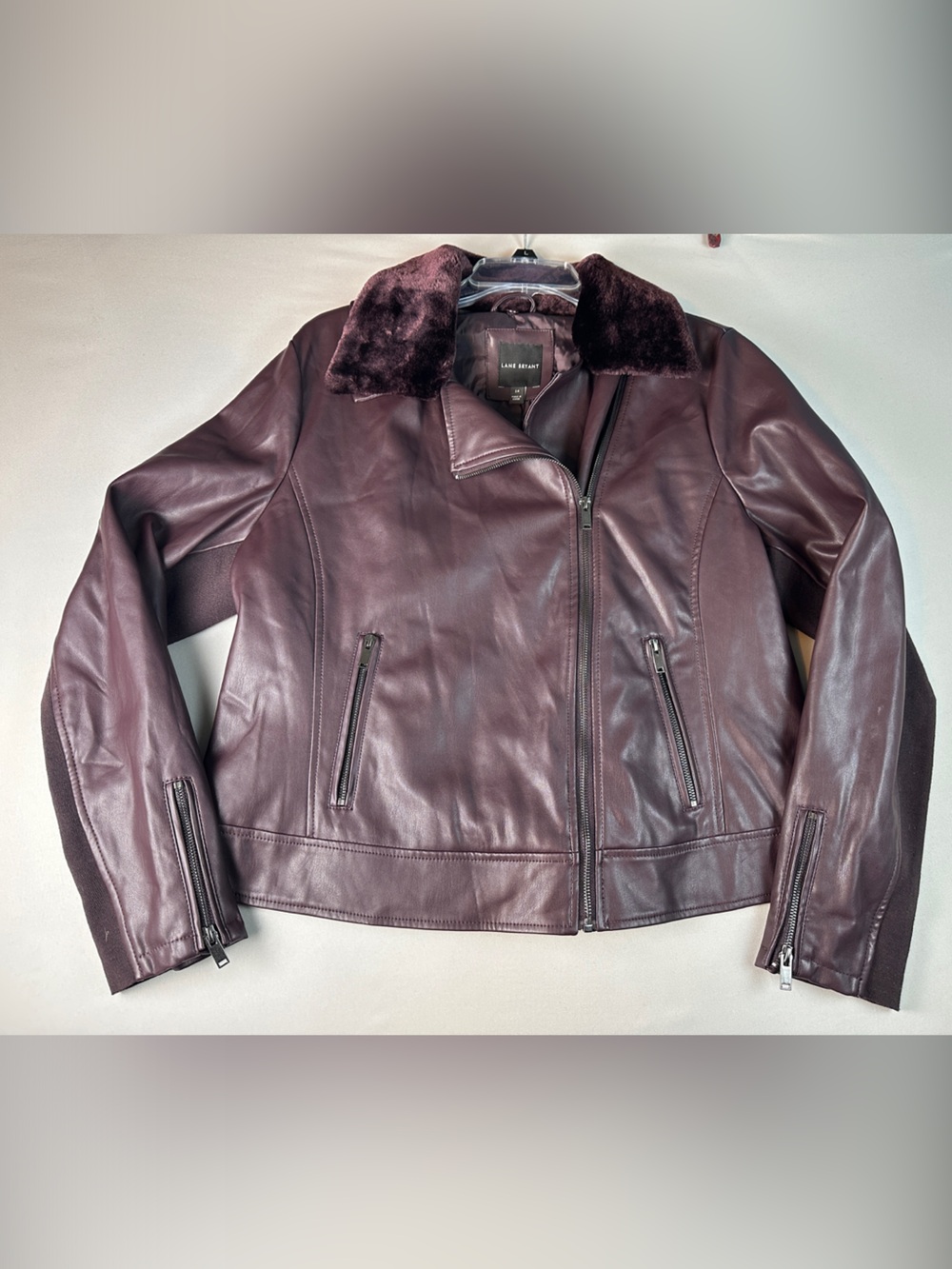 Lane Bryant Plum Leather Full Zip Jacket Coat Faux Fur Removable Collar 14